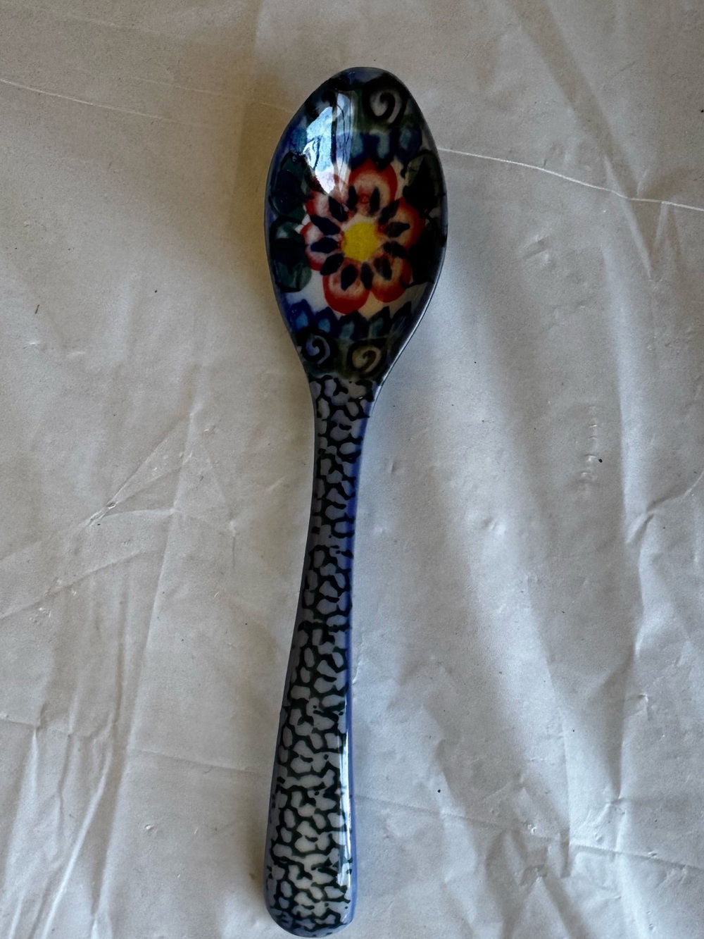 Polish Pottery Hand-Painted Blue Floral Ceramic Serving Spoon